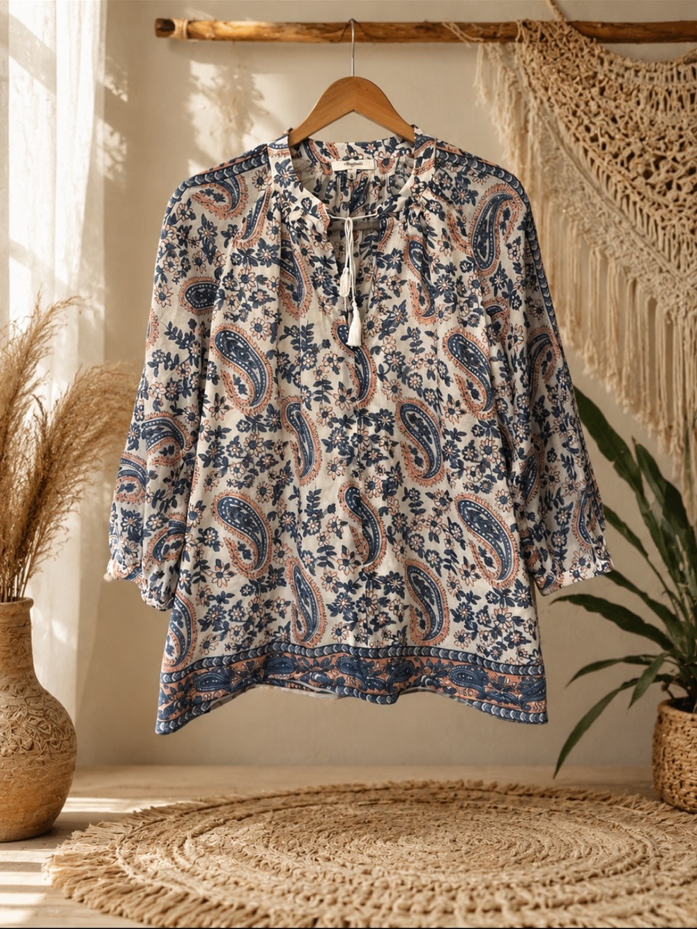Madewell Camélia Cotton-Silk Blend Tassel Blouse in Floral Paisley Size M Boho